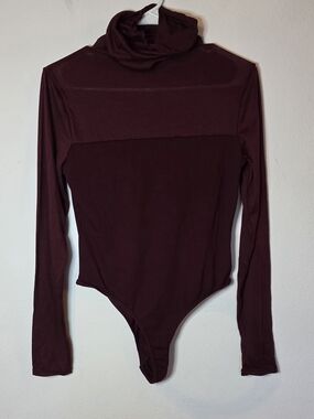 Halara Burgandy / Wine Cross Top Mesh Sz  S Bodysuit Long Sleeve Turtleneck #103